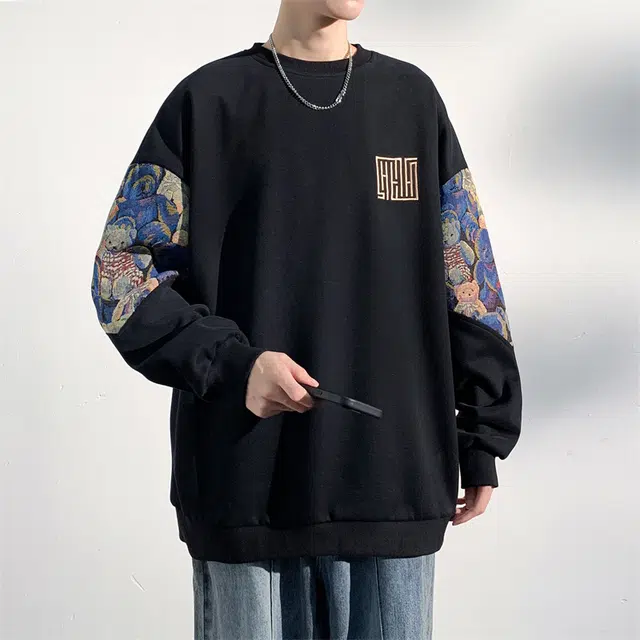 顶峰保罗 新中式刺绣潮牌宽松休闲大码痞帅卡通打底衫上衣无性别主义潮流百搭小熊图案圆领卫衣 男女同款