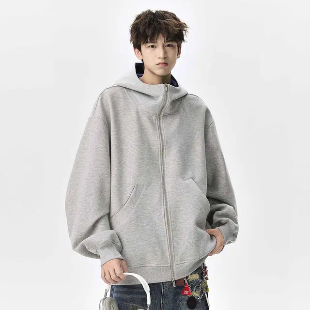 顶峰保罗 美式重磅连帽开衫双头拉链外套无性别主义休闲潮牌高街百搭上衣简约时尚纯色痞帅慵懒风长袖卫衣 男女同款