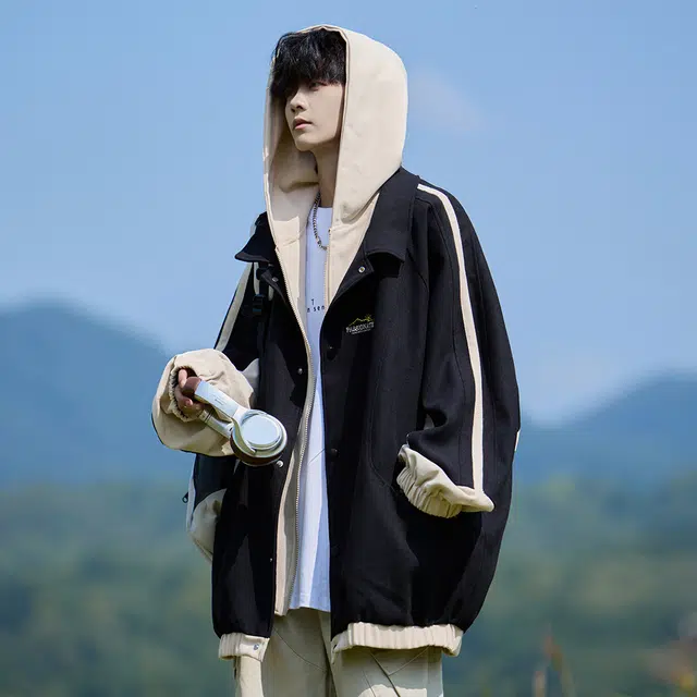 顶峰保罗 港风假两件撞色连帽外套潮牌宽松户外无性别主义简约时尚痞帅百搭运动大码休闲夹克 男女同款