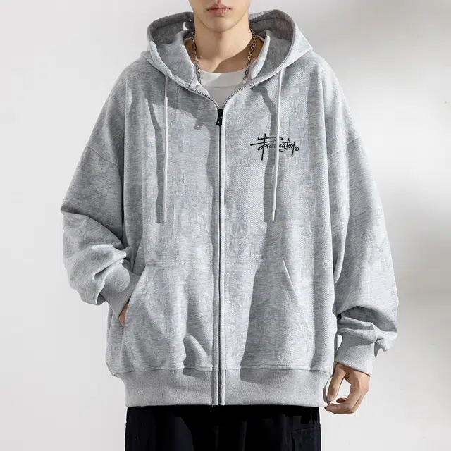 顶峰保罗 美式字母刺绣提花潮牌连帽重磅开衫夹克外套无性别主义宽松大码复古休闲直筒运动上衣简约百搭长袖卫衣 男女同款