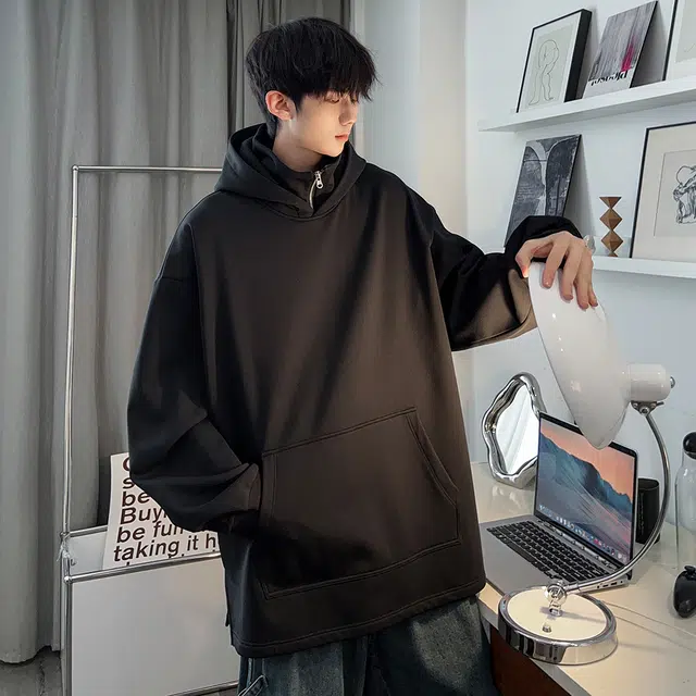 顶峰保罗 美式潮牌重磅假两件连帽无性别主义直筒高街宽松百搭时尚纯色卫衣 男女同款