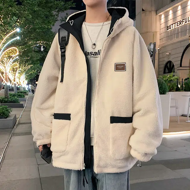 顶峰保罗 双面穿羊羔绒外套休闲工装连帽潮牌无性别主义宽松百搭加绒加厚大码保暖厚实时尚长袖棉服 男女同款