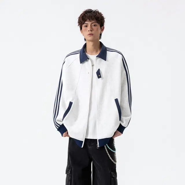 顶峰保罗 美式潮牌条纹拼接撞色休闲宽松大码棒球服外套无性别主义运动开衫卫衣情侣款翻领夹克 男女同款