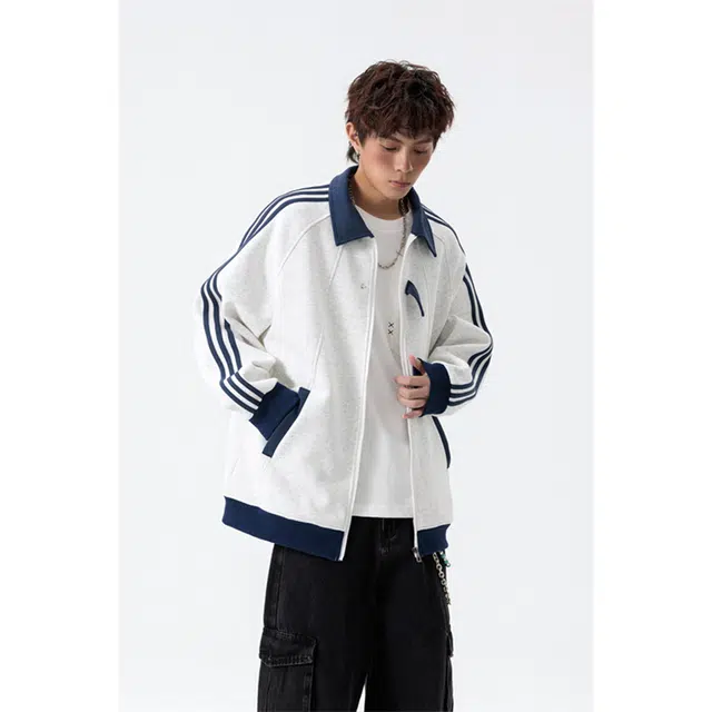 顶峰保罗 美式潮牌条纹拼接撞色休闲宽松大码棒球服外套无性别主义运动开衫卫衣情侣款翻领夹克 男女同款