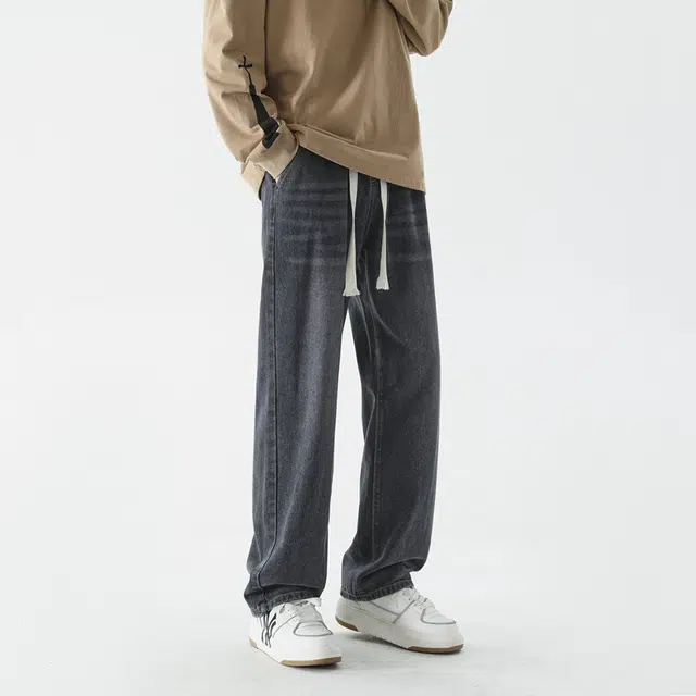 顶峰保罗 色水洗做旧复古美式高街直筒长裤宽松休闲情侣潮牌薄款透气显瘦百搭阔腿牛仔裤 男女同款
