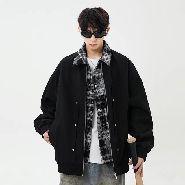 顶峰保罗 美式假两件格纹拼接翻领外套无性别主义直筒潮牌痞帅通勤骑行休闲上衣显高显瘦简约百搭宽松加肥加大长袖工装夹克 男女同款