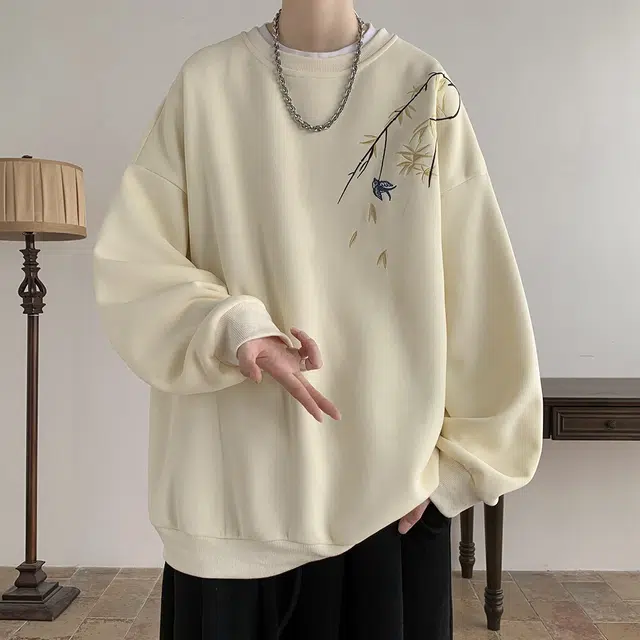 顶峰保罗 新中式竹叶刺绣加绒圆领无性别主义国风宽松大码直筒上衣套头衫潮牌简约时尚高街休闲百搭长袖卫衣 男女同款