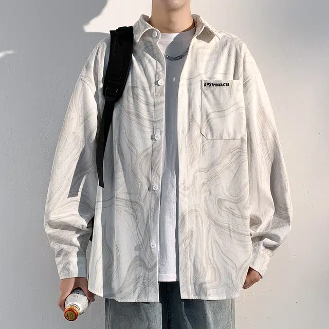 顶峰保罗 美式复古扎染字母印花休闲翻领长袖夹克衬衣无性别主义宽松大码高街时尚上衣外套简约百搭衬衫 男女同款