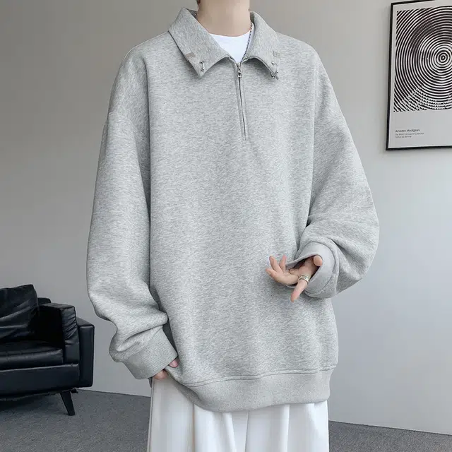 顶峰保罗 半拉链金属扣重磅翻领宽松大码长袖上衣无性别主义潮牌休闲运动高街纯色衬衣简约百搭显高显瘦卫衣 男女同款