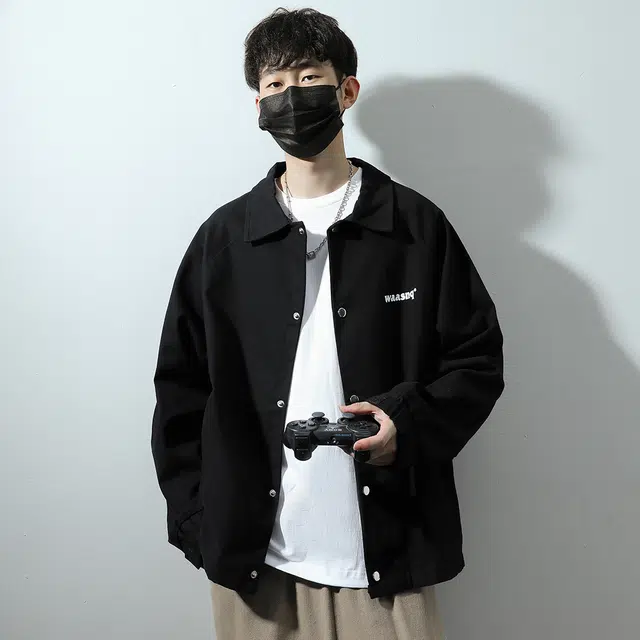 顶峰保罗 日系工装休闲宽松大码百搭痞帅翻领单排扣直筒牛仔上衣无性别主义字母印花潮牌时尚长袖夹克 男女同款