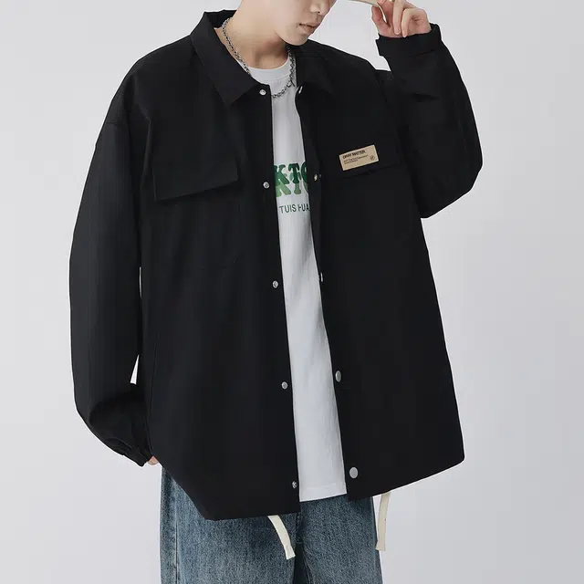顶峰保罗 美式纯色翻领上衣无性别主义宽松休闲痞帅百搭潮牌衬衫式外套夹克 男女同款