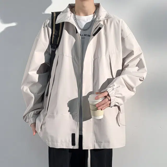 顶峰保罗 美式纯色工装直筒潮牌简约无性别主义休闲宽松翻领百搭时尚长袖夹克外套 男女同款