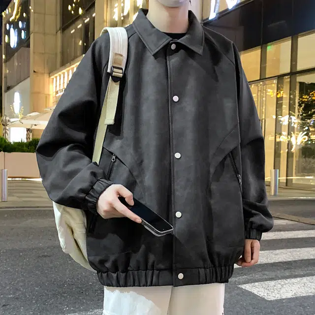 顶峰保罗 美式复古纯色休闲工装飞行员翻领长皮衣无性别主义直筒宽松百搭潮牌高街夹克外套 男女同款