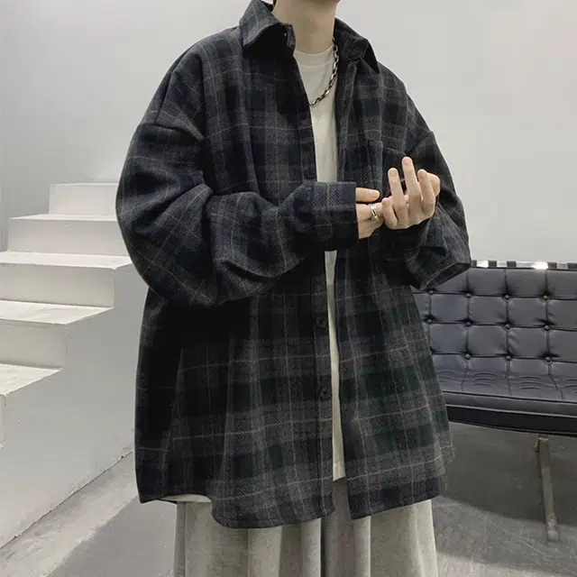 顶峰保罗 美式复古格子衬衣宽松百搭无性别主义小众设计感痞帅外套休闲简约时尚开衫直筒长袖衬衫 男女同款