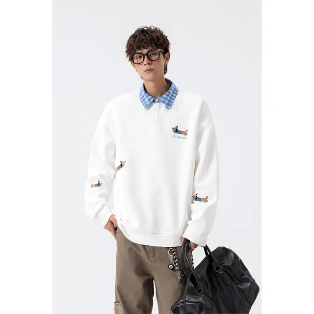 顶峰保罗 美式腊肠狗假两件卡通宽松休闲大码上衣外套无性别主义情侣款舒适百搭潮流翻领卫衣 男女同款