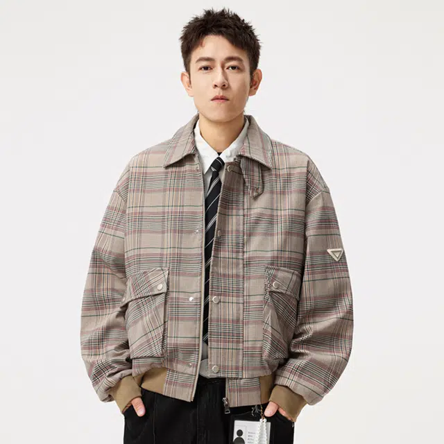 顶峰保罗 美式千鸟格翻领格子工装外套无性别主义直筒宽松加肥加大休闲小香风百搭大口袋衬衫上衣潮牌时尚高街长袖显高显瘦夹克 男女同款