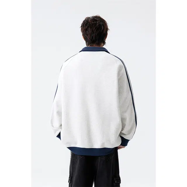 顶峰保罗 美式潮牌条纹拼接撞色休闲宽松大码棒球服外套无性别主义运动开衫卫衣情侣款翻领夹克 男女同款