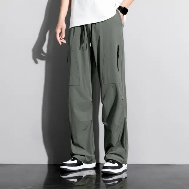 顶峰保罗 冰丝速干工装直筒长裤宽松运动小众百搭设计感潮牌薄款透气舒适阔腿休闲裤 男女同款