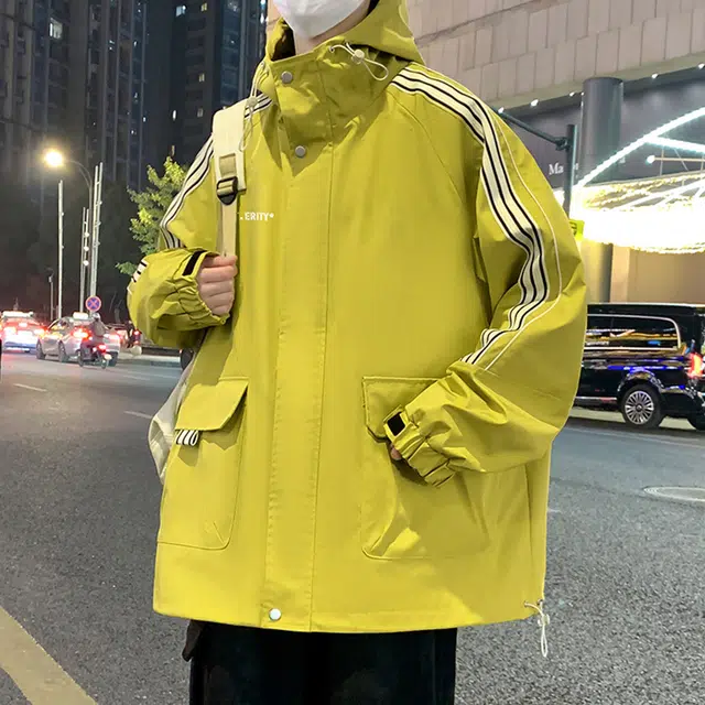 顶峰保罗 美式条纹拼接撞色拉链休闲工装长袖连帽上衣无性别主义直筒宽松加肥加大简约百搭潮牌高街夹克外套 男女同款