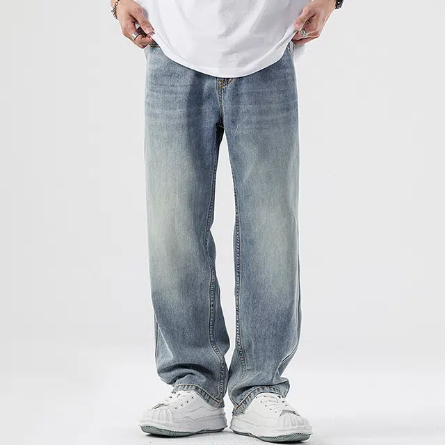 顶峰保罗 无性别主义水洗做旧薄款透气宽松直筒美式高街潮牌垂感休闲阔腿长裤子时尚百搭设计感牛仔裤 男女同款