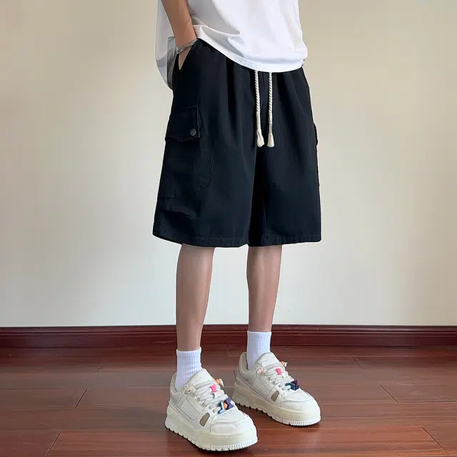 顶峰保罗 美式纯棉机能潮牌宽松百搭简约五分裤薄款透气无性别主义松紧腰直筒运动多口袋工装痞帅休闲短裤 男女同款