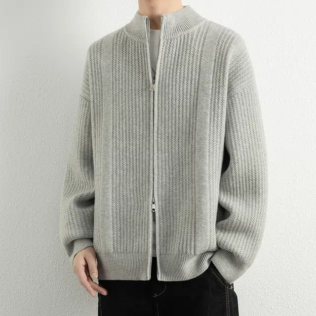 顶峰保罗 日系慵懒风潮牌立领双拉链开衫外套高街百搭无性别主义宽松大码休闲运动纯色上衣显高显瘦轻熟风毛衣 男女同款