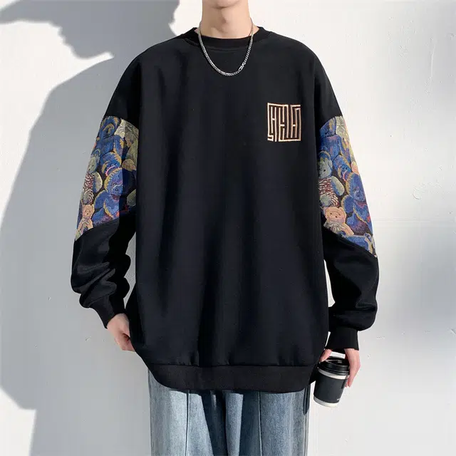 顶峰保罗 新中式刺绣潮牌宽松休闲大码痞帅卡通打底衫上衣无性别主义潮流百搭小熊图案圆领卫衣 男女同款