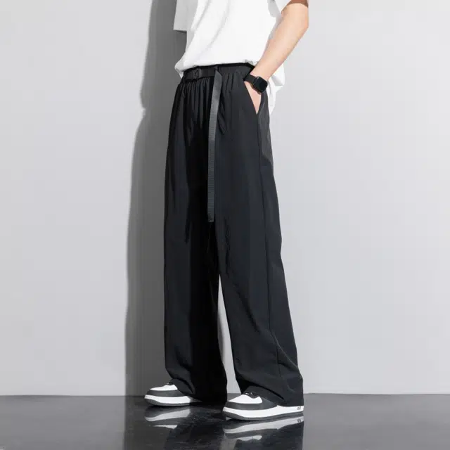 顶峰保罗 冰丝薄款直筒垂感阔腿速干凉感透气运动长裤无性别主义纯色腰带高级感亲肤舒适休闲裤 男女同款