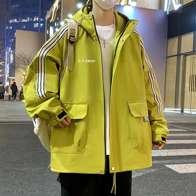 顶峰保罗 美式条纹拼接撞色拉链休闲工装长袖连帽上衣无性别主义直筒宽松加肥加大简约百搭潮牌高街夹克外套 男女同款