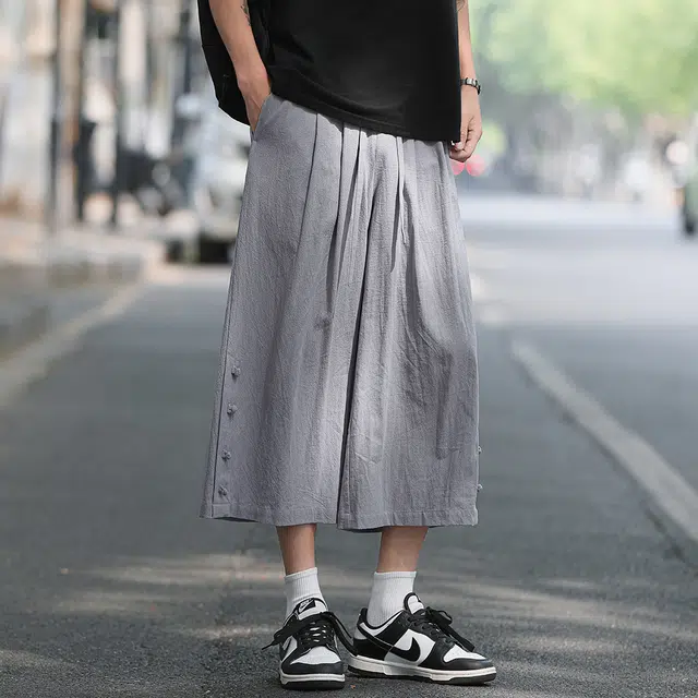 顶峰保罗 新中式纯棉薄款宽松阔腿国潮无性别主义纯色潮牌盘扣七分裤弹力抽绳显高直筒大码休闲短裤 男女同款