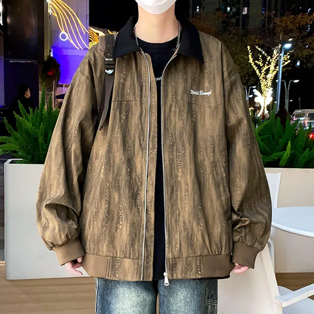 顶峰保罗 美式扎染字母印花潮牌飞行员翻领长袖机车外套无性别主义直筒休闲复古工装上衣宽松加肥加大简约百搭高街加绒加厚夹克 男女同款