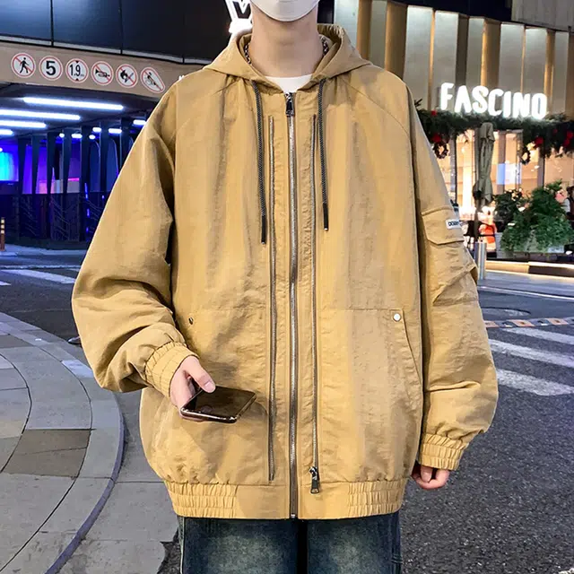 顶峰保罗 美式潮牌纯色飞行员翻领长袖机车连帽外套无性别主义直筒休闲运动复古工装上衣宽松加肥加大简约百搭高街夹克 男女同款