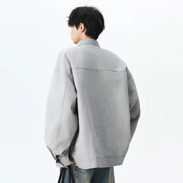 顶峰保罗 美式水洗拼接翻领纯棉重磅工装茄克无性别主义潮牌高街休闲运动痞帅做旧上衣简约百搭显高显瘦长袖夹克外套 男女同款