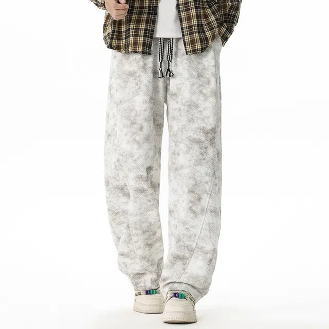 顶峰保罗 美式高街宽松大码长裤垂感复古做旧潮牌简约百搭显高显瘦痞帅直筒运动拖地休闲裤 男女同款