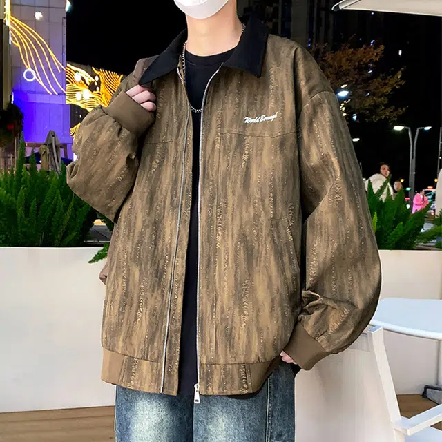 顶峰保罗 美式扎染字母印花潮牌飞行员翻领长袖机车外套无性别主义直筒休闲复古工装上衣宽松加肥加大简约百搭高街加绒加厚夹克 男女同款