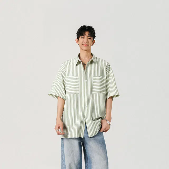 顶峰保罗 竖条纹薄款透气大口袋衬衣外套宽松舒适冰丝凉感速干休闲小众百搭翻领短袖衬衫 男女同款