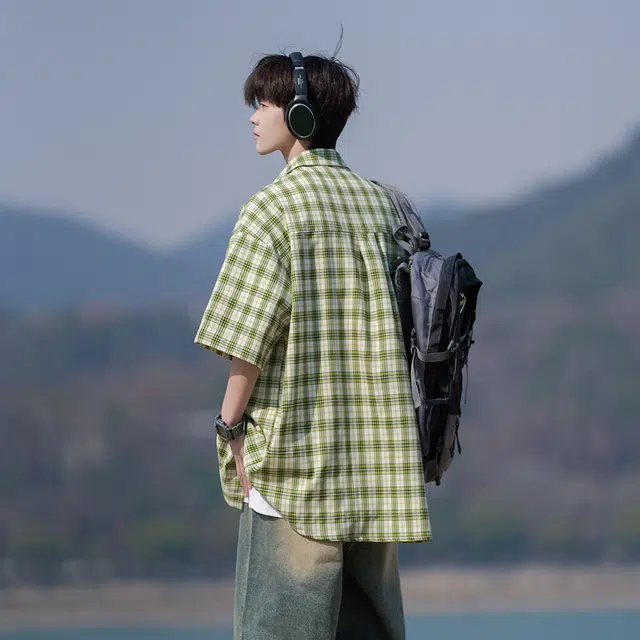 费尔岛上的猫 日系美式复古宽松透气百搭短袖上衣衬衫 男女同款