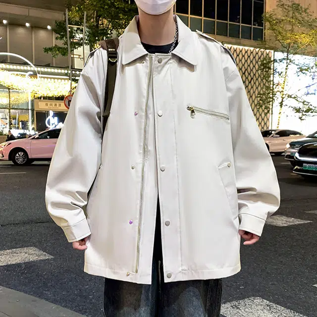 顶峰保罗 美式复古潮牌纯色飞行员翻领长袖机车外套无性别主义直筒休闲工装上衣宽松加肥加大简约百搭高街夹克 男女同款