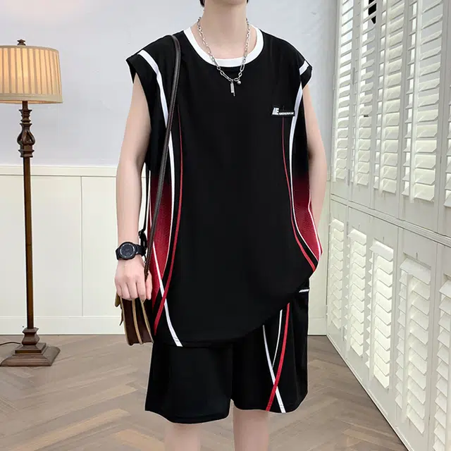 顶峰保罗 冰丝篮球服宽松跑步无袖坎肩背心短裤两件套潮牌小众高级感设计无性别主义弹力抽绳显高时尚休闲运动套装 男女同款