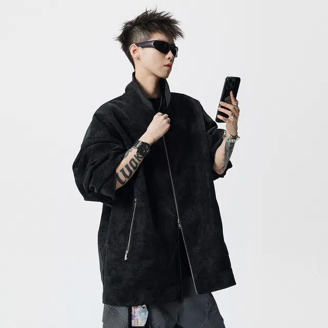 顶峰保罗 美式扎染复古痞帅翻领工装皮衣无性别主义美拉德重磅休闲宽松大码上衣茄克简约百搭显高显瘦长袖夹克外套 男女同款