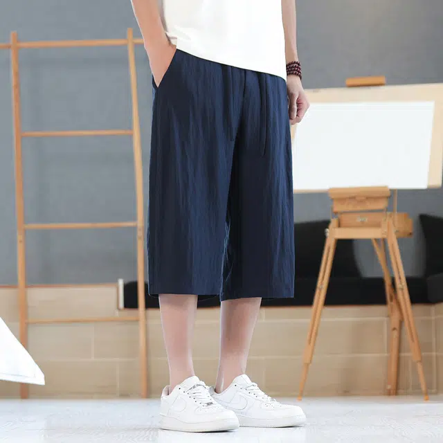 顶峰保罗 新中式莱赛尔潮流痞帅纯色无性别主义宽松大码百搭七分运动健身裤弹力抽绳显高薄款直筒休闲短裤 男女同款