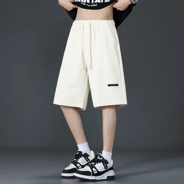 顶峰保罗 冰丝拼接直筒外穿薄款宽松百搭美式潮牌显高垂顺痞帅无性别主义运动健身五分中裤弹力休闲短裤 男女同款