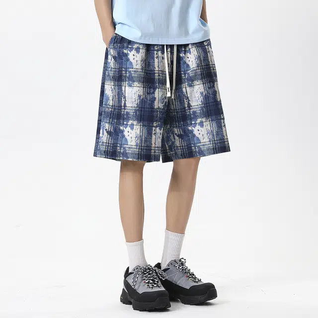 顶峰保罗 冰丝扎染格子设计运动感无性别主义宽松垂感直筒弹力抽绳显高大码时尚简约美式复古潮牌休闲短裤 男女同款