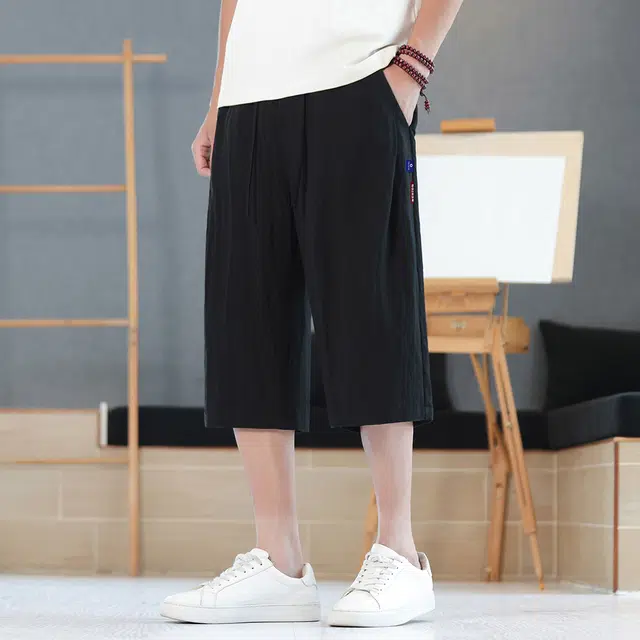 顶峰保罗 新中式莱赛尔潮流痞帅纯色无性别主义宽松大码百搭七分运动健身裤弹力抽绳显高薄款直筒休闲短裤 男女同款