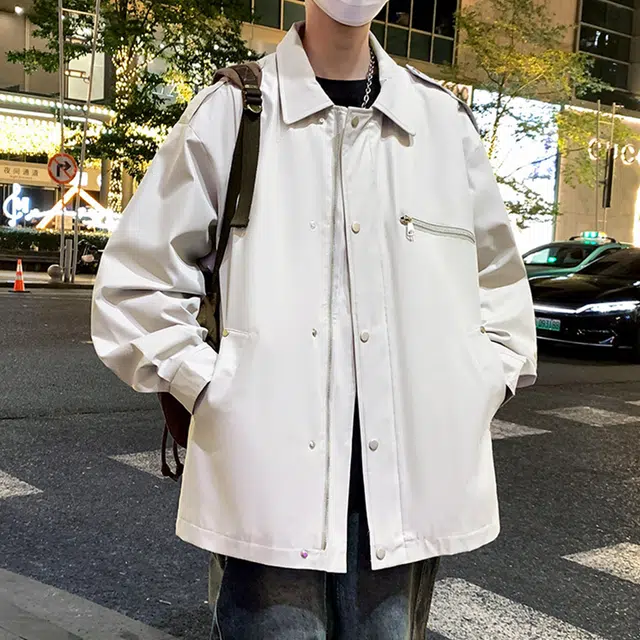 顶峰保罗 美式复古潮牌纯色飞行员翻领长袖机车外套无性别主义直筒休闲工装上衣宽松加肥加大简约百搭高街夹克 男女同款