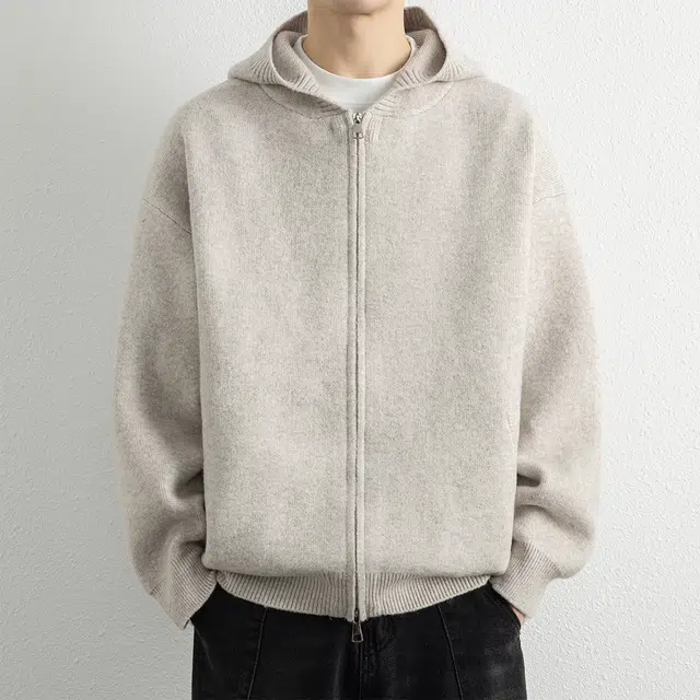 顶峰保罗 连帽针织开衫夹克无性别主义复古慵懒风痞帅直筒休闲宽松大码上衣外套简约百搭纯色长袖毛衣 男女同款