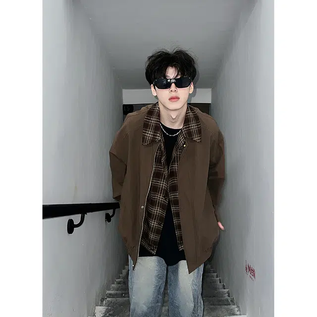 顶峰保罗 美式高街复古宽松大码休闲假两件格子拼接上衣外套无性别主义情侣款百搭翻领夹克外套 男女同款