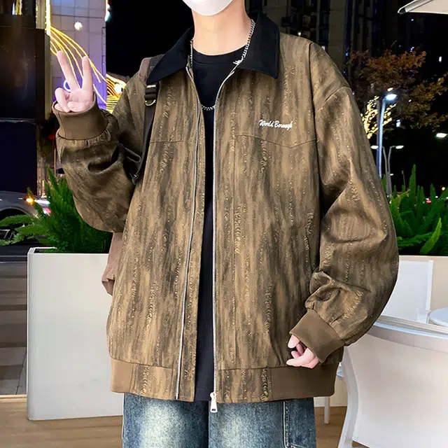 顶峰保罗 美式扎染字母印花潮牌飞行员翻领长袖机车外套无性别主义直筒休闲复古工装上衣宽松加肥加大简约百搭高街加绒加厚夹克 男女同款