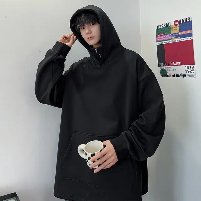 顶峰保罗 美式潮牌重磅假两件连帽无性别主义直筒高街宽松百搭时尚纯色卫衣 男女同款