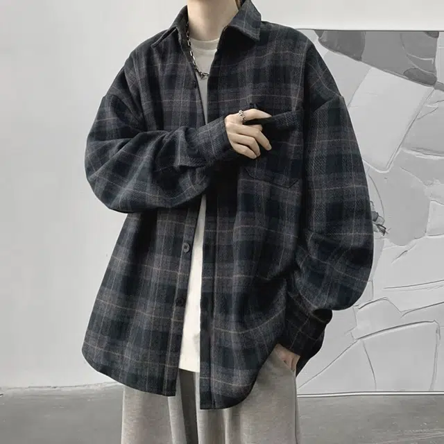 顶峰保罗 美式复古格子衬衣宽松百搭无性别主义小众设计感痞帅外套休闲简约时尚开衫直筒长袖衬衫 男女同款